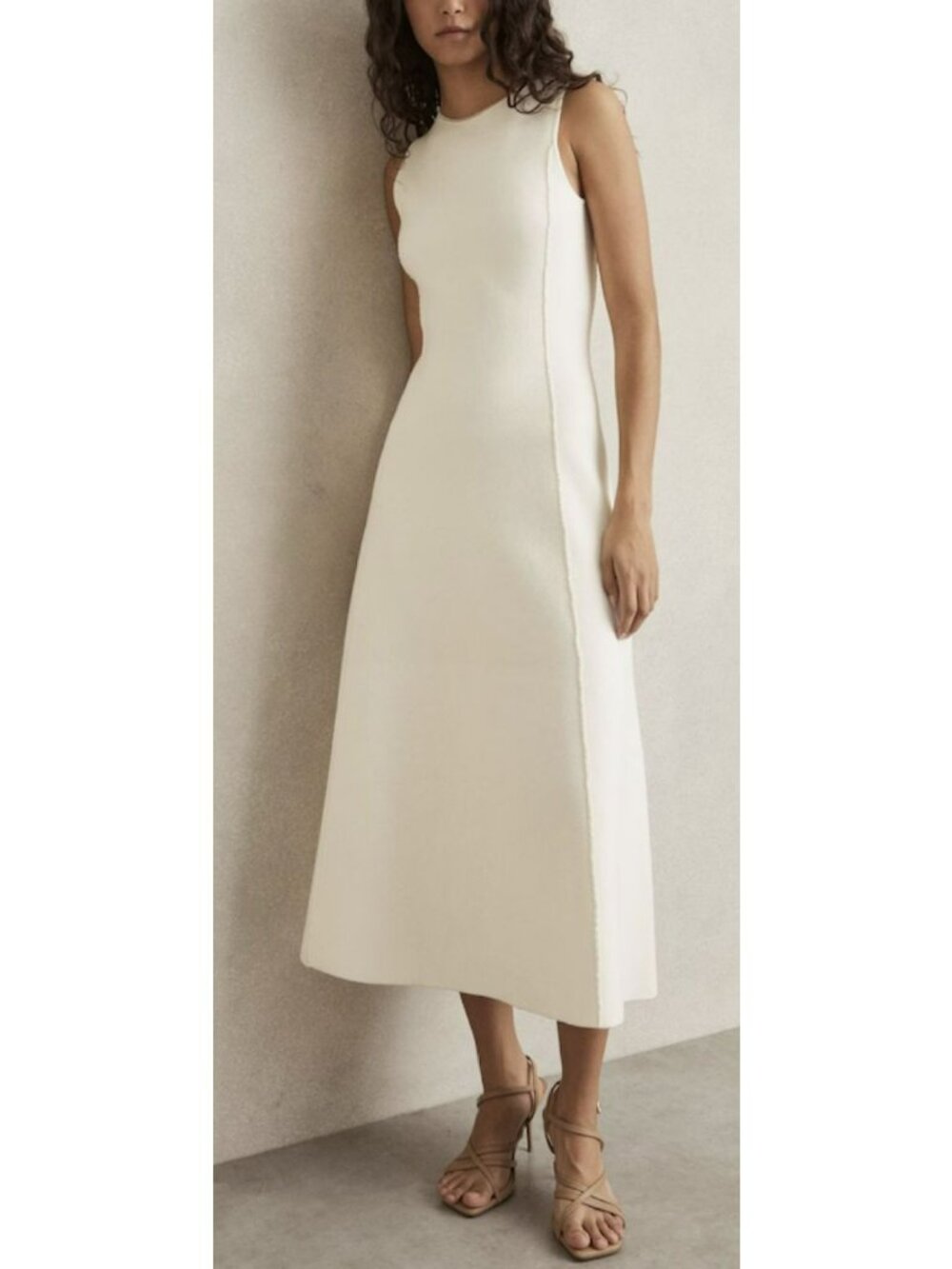 New Reiss Nilo Knitted Midi Dress in Ivory Medium Petite